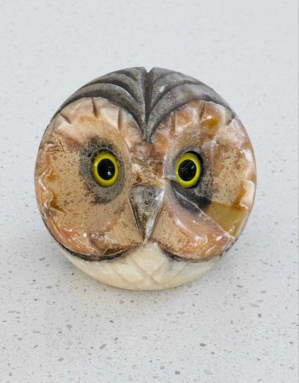 Vintage Alabaster Owl Paperweight  Yellow Eyes